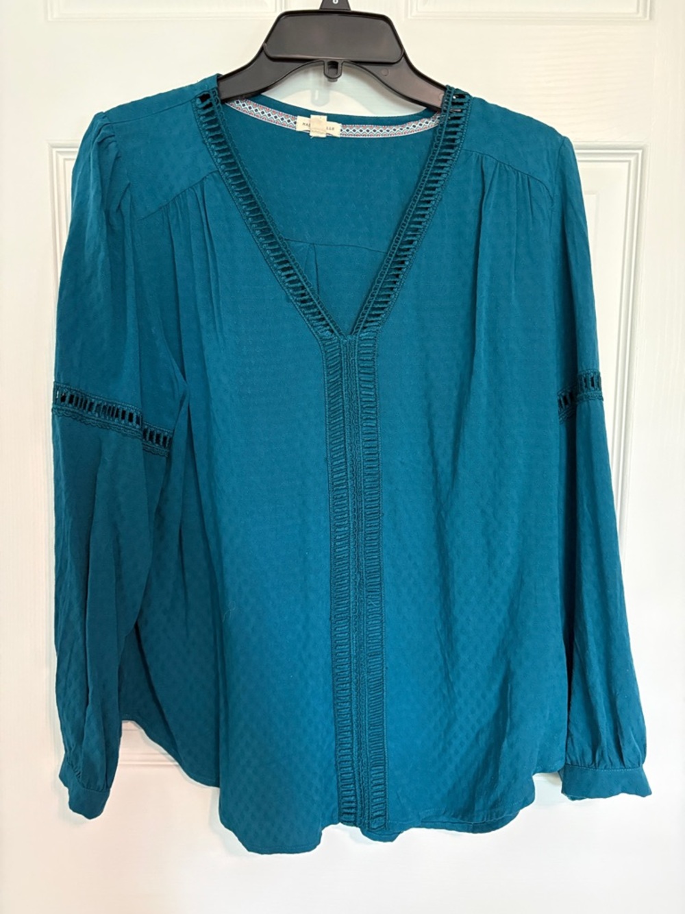 Teal V-Neck Peasant Blouse with Ladder Trim - Women